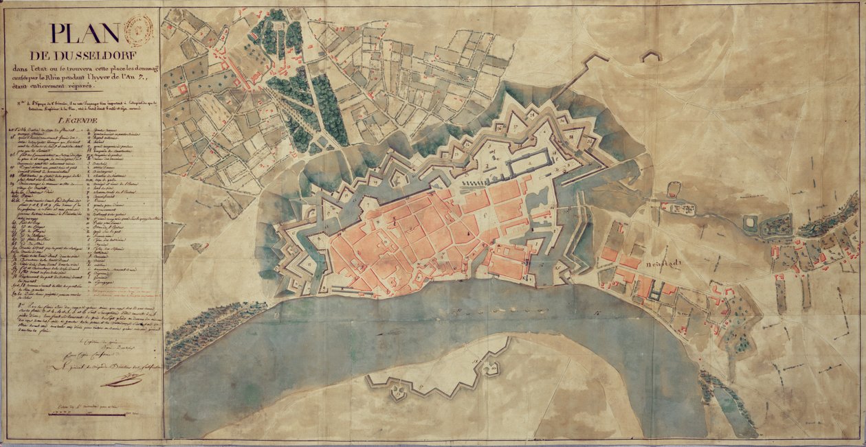 Kartta Reinin aiheuttamista vahingoista, Düsseldorf, 1799 tekijältä French School