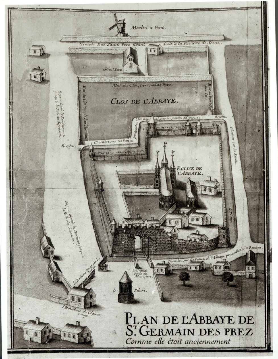 Kartta Saint-Germain-des-Presin luostarista, 1713 (muste ja guassi paperille) tekijältä French School