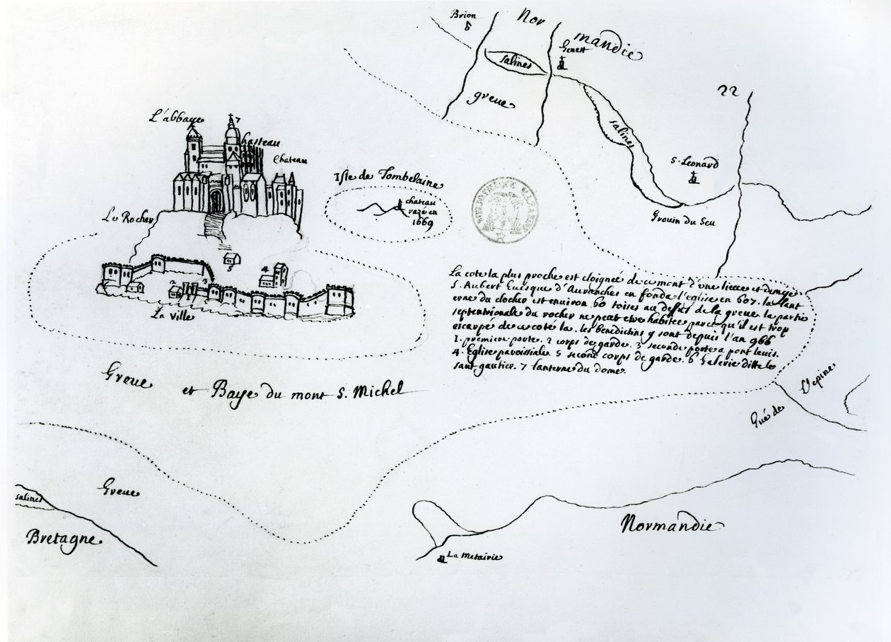 Mont Saint-Michelin lahden kartta (kynä ja muste paperille) tekijältä French School