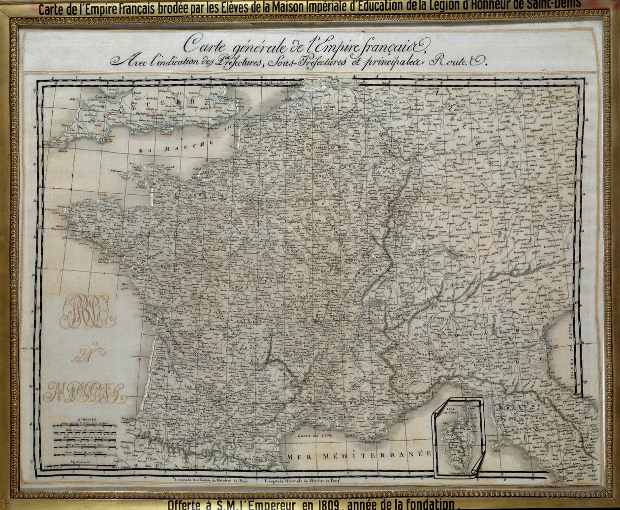 Ranskan keisarikunnan (ensimmäinen keisarikunta) kartta, jonka Saint Denisin kunniamerkkilegioonan imperiaalitalon oppilaat ovat kirjailleet. Kirjonta kuva vuodelta 1809. Ile d