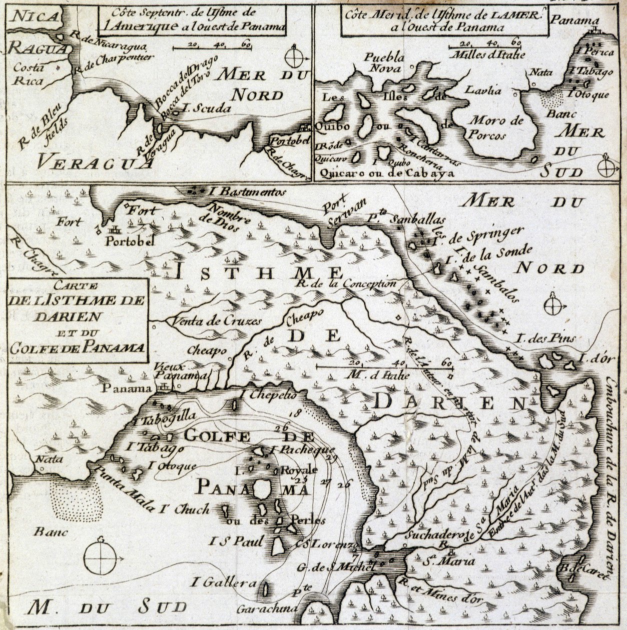 Darienin kannaksen ja Panamanlahden kartta Guillaume Dampierin (William Dampier) ""Uusi matka maailman ympäri"" tekijältä French School