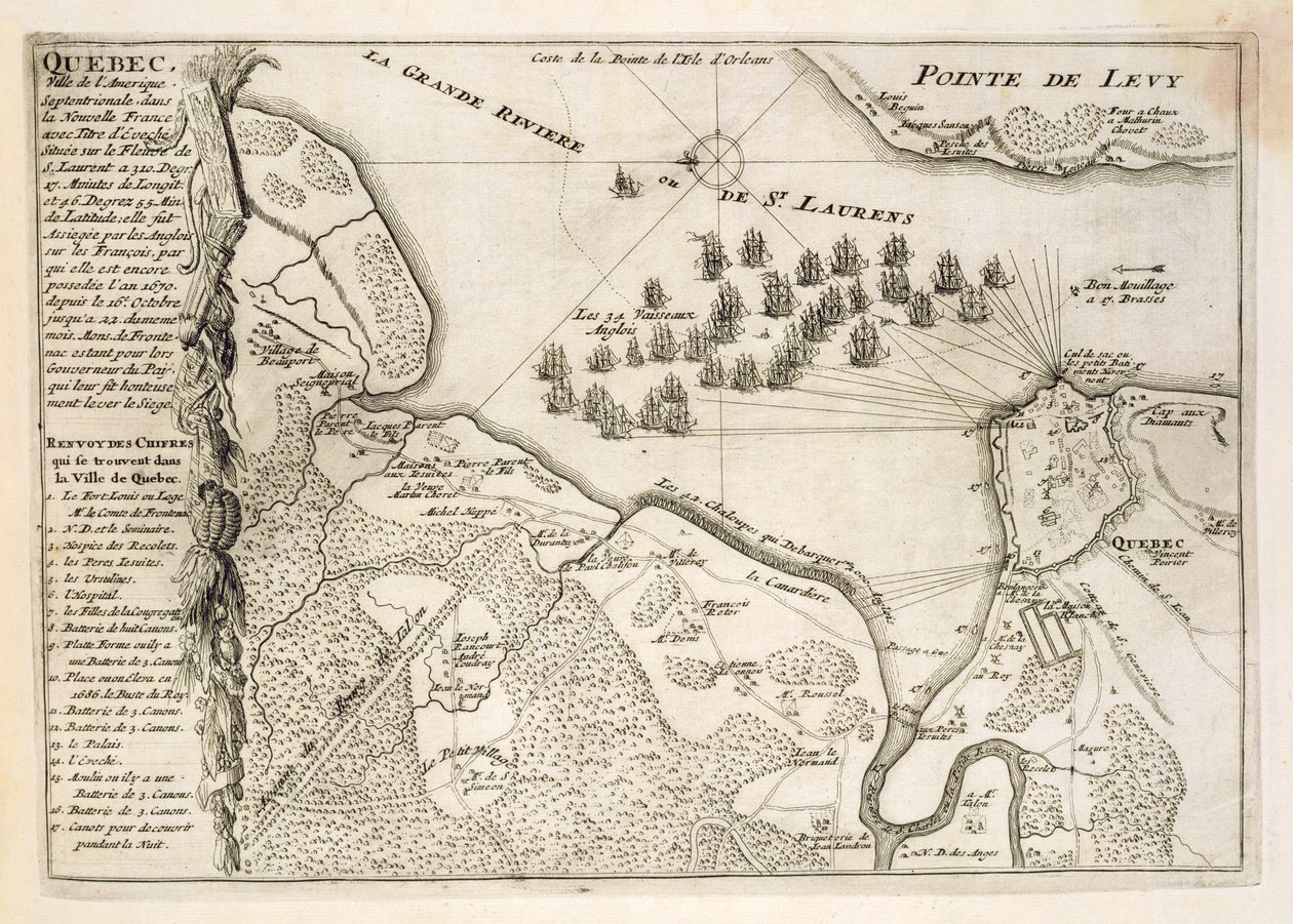 Kartta brittiläisen laivaston Quebecin piirityksestä, 1670 tekijältä French School