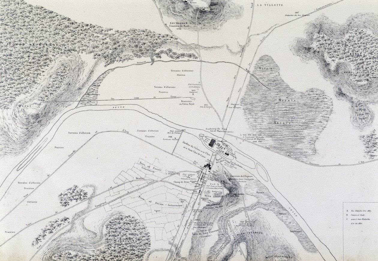 Vuonna 1882 tehty kartta Lutècen kaupungista (Lutetia Parisorium nykyään Pariisi) ja sen ympäristöstä. tekijältä French School