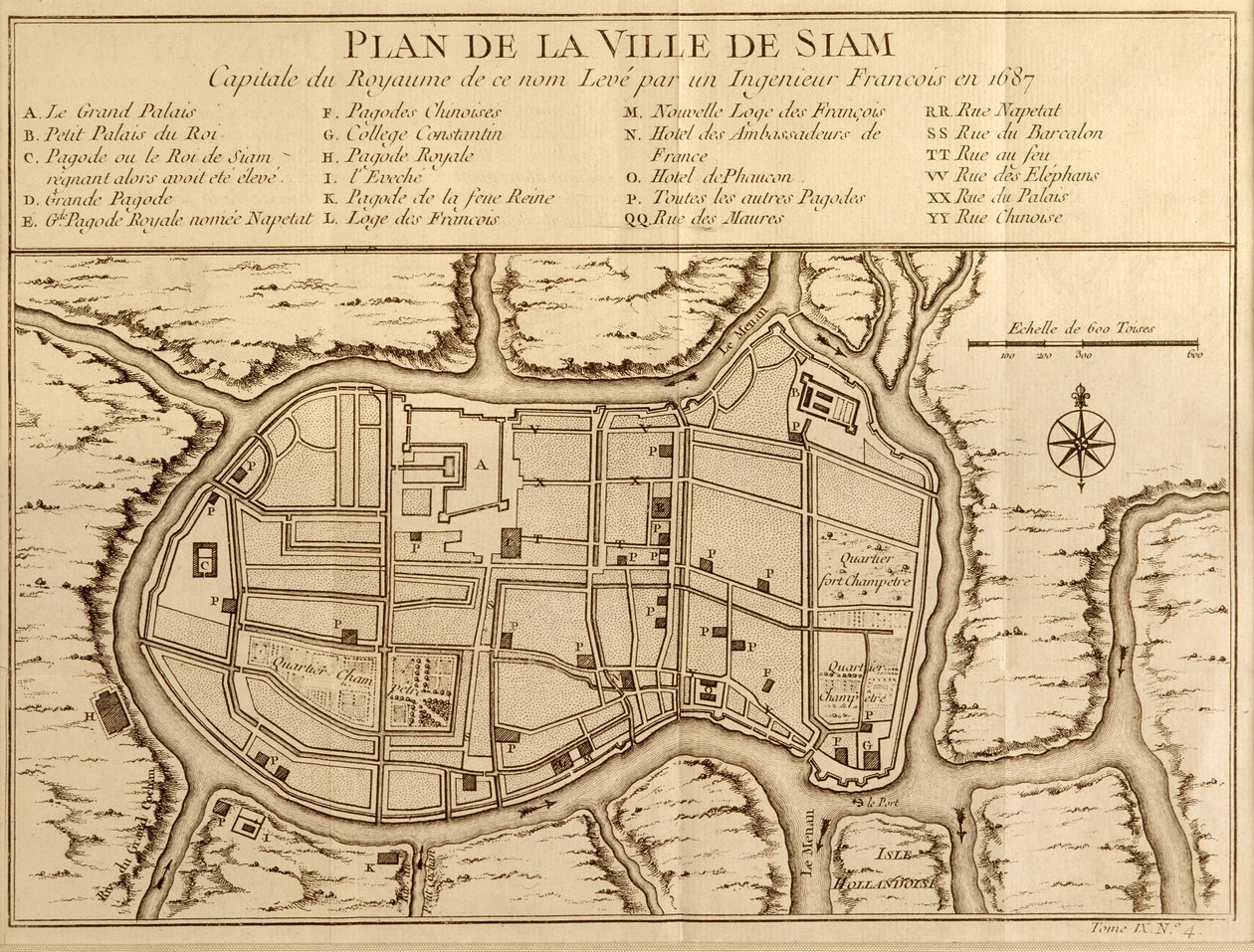 Kartta Siamin kaupungista, tuonnimisen valtakunnan pääkaupungista ranskalaisen insinöörin vuonna 1687 tekemän tutkimuksen jälkeen, julkaistiin Antoine Prevostin Histoire Generale des Voyages -julkaisun 1751 painoksessa. tekijältä French School