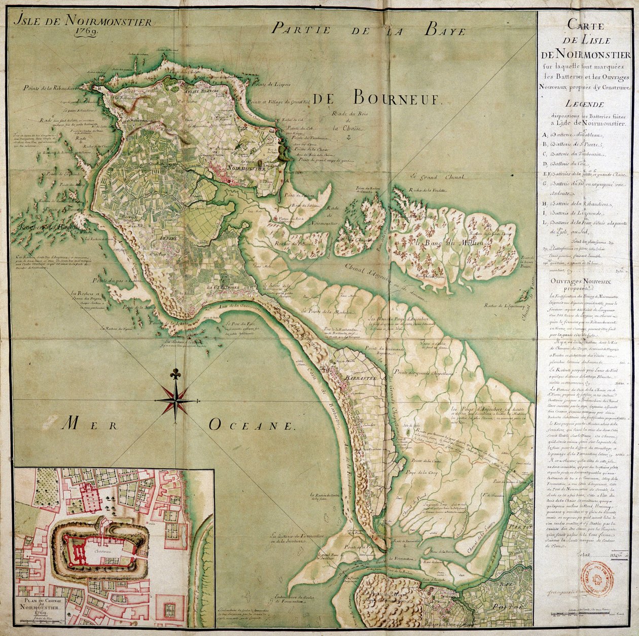 Noirmoutier-saaren kartta sekä linnan kartta, tehty vuonna 1769. tekijältä French School