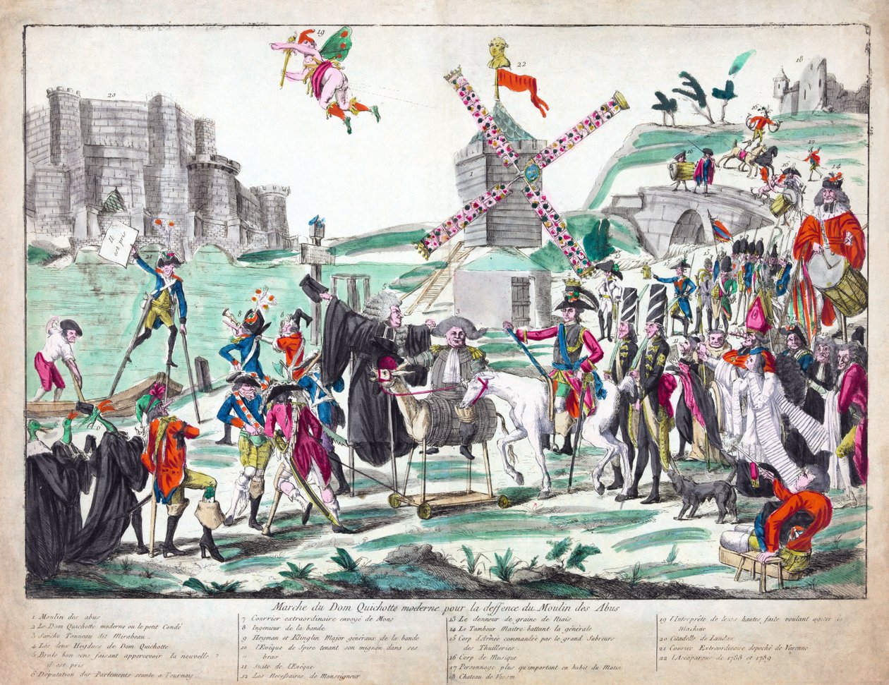Marche du Don Quichotte Moderne pour la Défense du Moulin des Abus, julkaistu 1791 (käsinvärinen etsaus) tekijältä French School