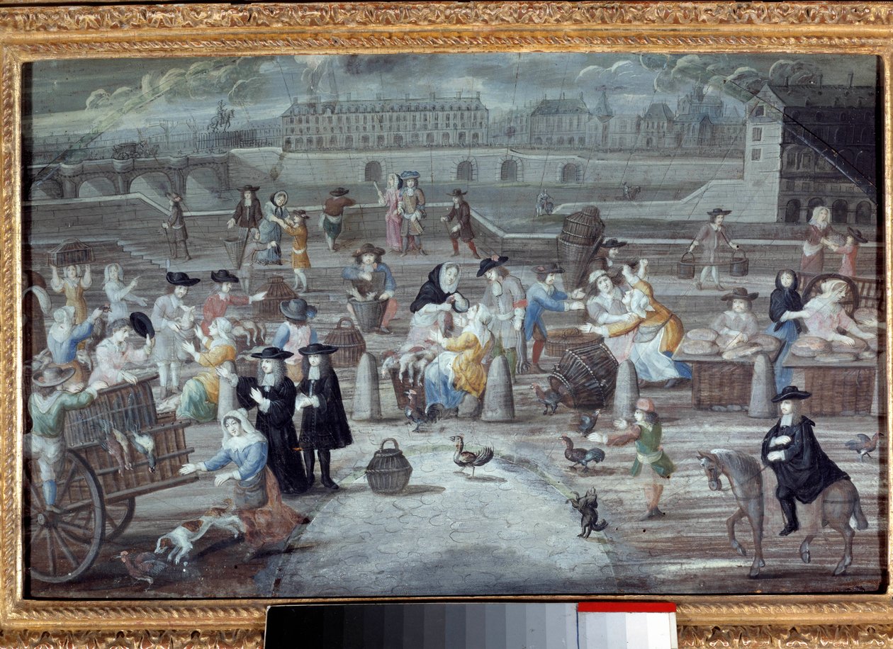 Siipikarja- ja leipämarssi, quai des Grands Augustins Pariisissa 1660. Nimetön ranskalainen maalaus tekijältä French School