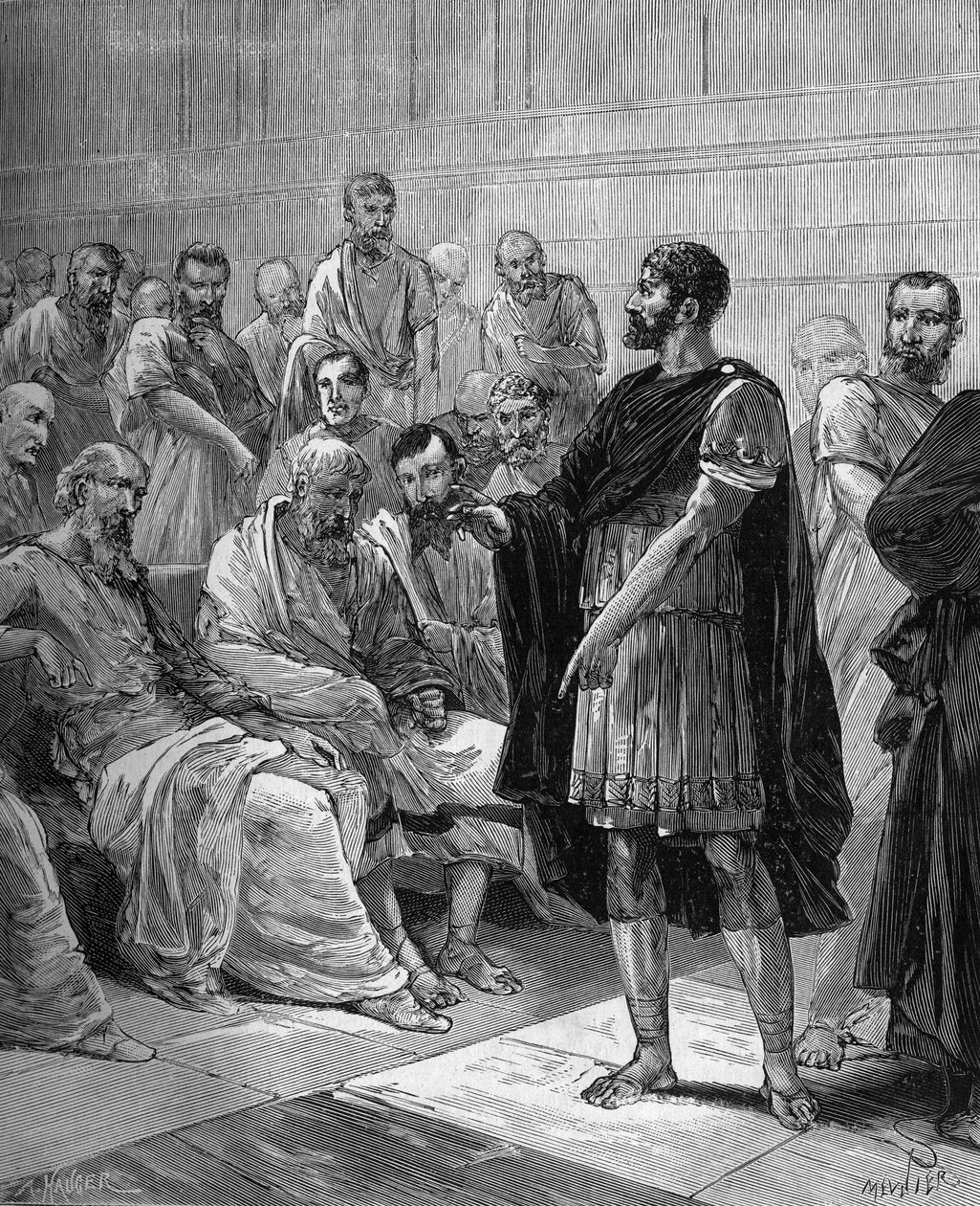 Marcus Atilius Regulus Rooman senaatin edessä - Rooman konsuli Marcus Atilius Regulus (noin 256 eKr.) ennen Rooman senaattia - Bitard Adolphen 1880:n teoksessa "Populaarinen tieteen, keksintöjen ja löytöjen historia ensimmäisiltä vuosisadoilta nykypäivään" tekijältä French School