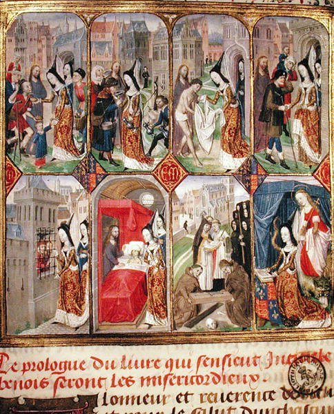 Margaret of York (k. 1503) Kaarle Rohkean (1433-77) Burgundin herttuan kolmas vaimo, suorittamassa hyväntekeväisyyttä, teoksesta "Traite Sur La Misericorde" (vellum) tekijältä French School