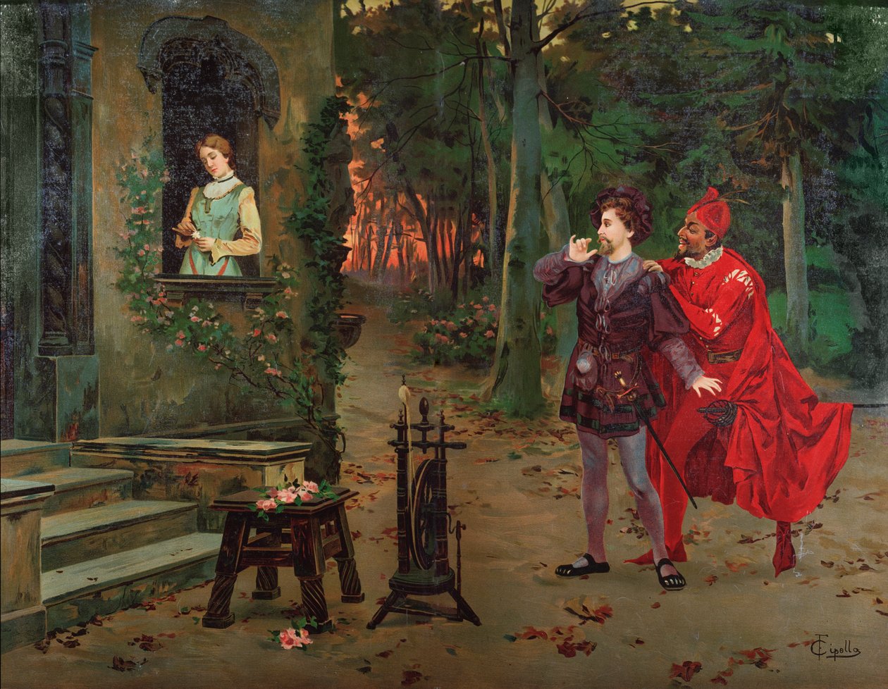 Marguerite, Faust ja Mephisto kohtaus Charles Gounodin (1818-1893) Faustista. noin 1900. tekijältä French School