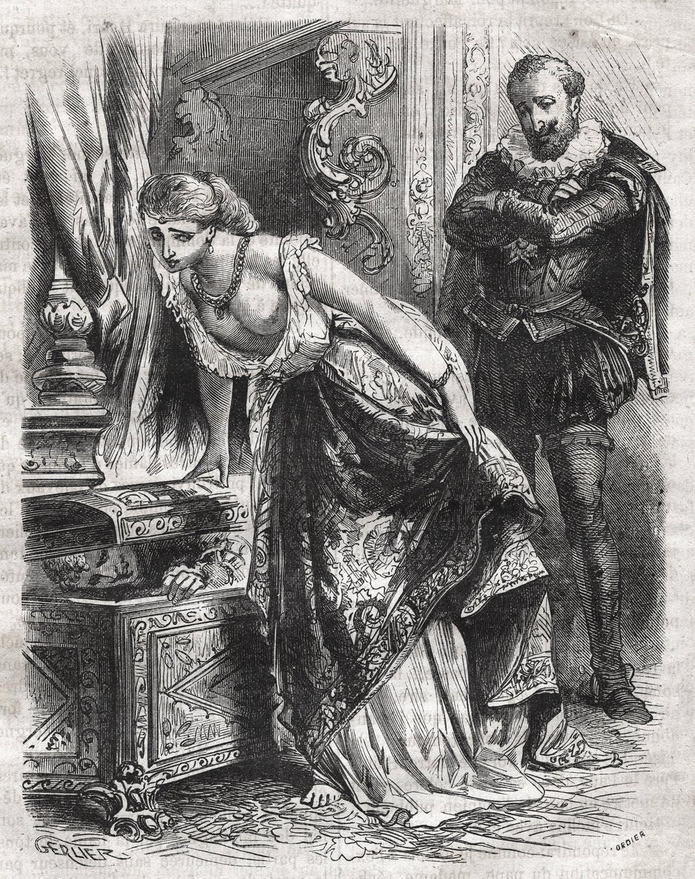 Marguerite de Valois (1553-1615), joka tunnetaan nimellä Queen Margot, piilottaa rakastajansa Julien de Lerisin tallelokeroon. Hänen miehensä, Ranskan kuningas Henrik IV (1553-1610), tarkkailee kohtausta hauskasti. 16. vuosisata. Kaiverrus vuodelta 1871 te tekijältä French School