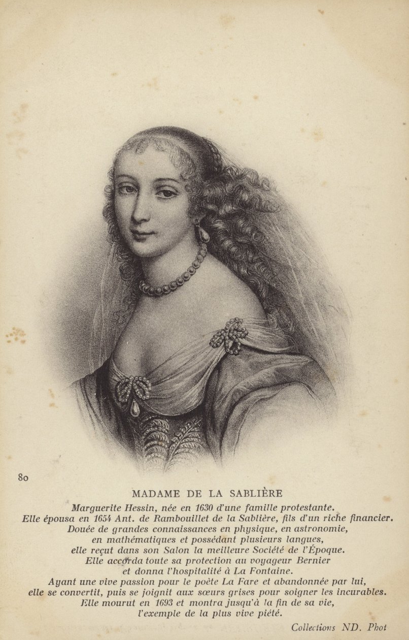 Marguerite de la Sabliere (noin 1640-1693), ranskalainen salonkitaiteilija (litografia). tekijältä French School