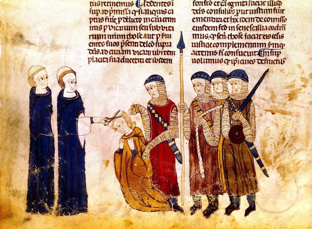 Burgundin Marguerite (1290-1315), Ranskan kuningas Ludvig X:n vaimo, leikkauttaa hiuksensa aviorikoksen vuoksi (pergamentti). tekijältä French School