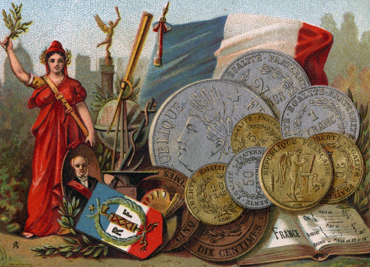 Marianne Ranskan Tricolore-lipun, maapallon ja kaukoputken sekä frangiesityksen vieressä, n. 1890 tekijältä French School