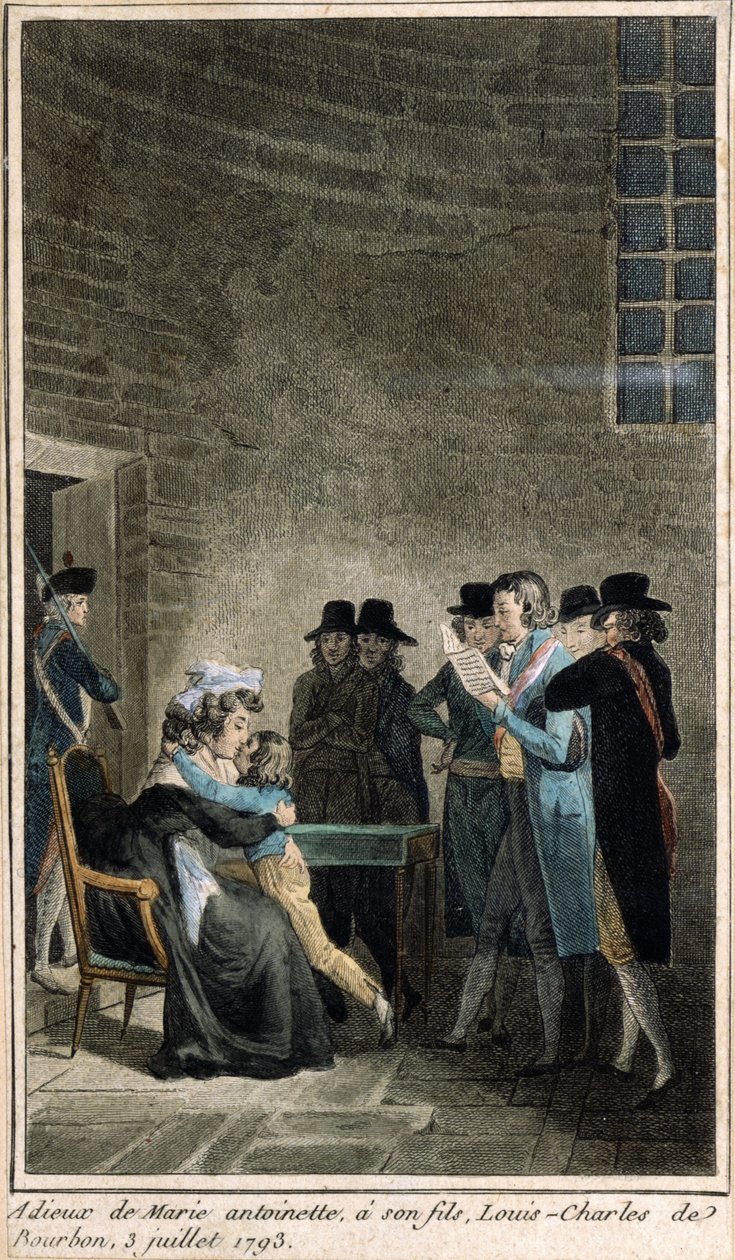 Marie-Antoinette (1755-1793) jättää hyvästit pojalleen Dauphinille Louis-Charles de Bourbonille (1785-1795) temppelissä 3. heinäkuuta 1793 (värikaiverrus tehty monan entisöinnin aikana tekijältä French School