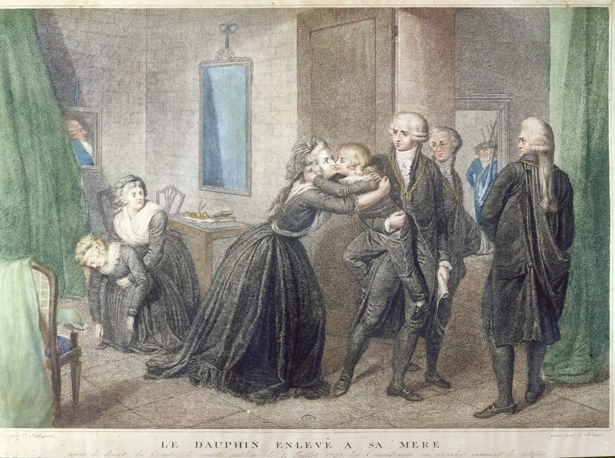 Marie-Antoinette (1755-1793) jättää hyvästit pojalleen Dauphinille, Louis-Charles de Bourbonille (1785-1795) temppelissä, 3. heinäkuuta 1793 (värikaiverrus) tekijältä French School