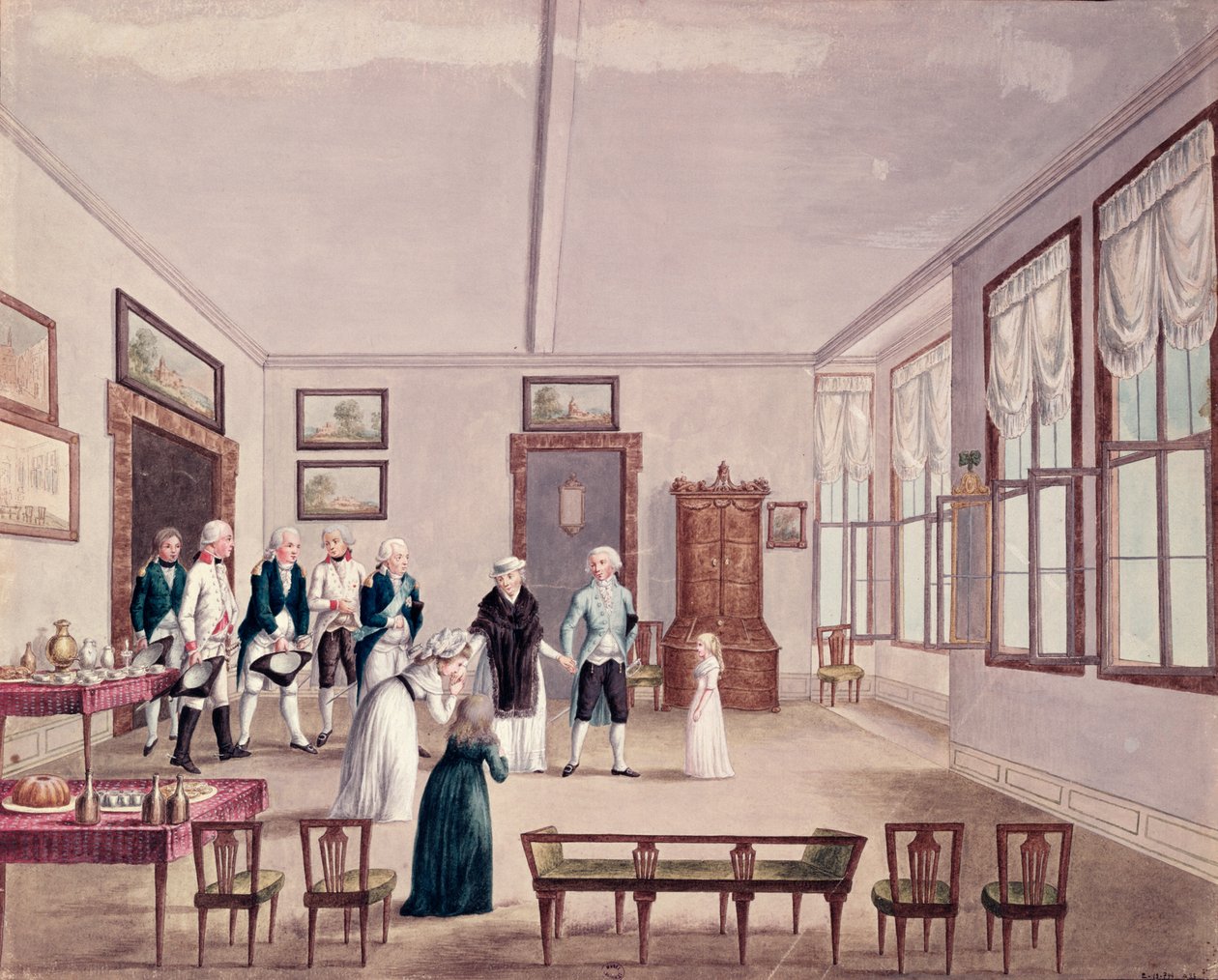 Marie-Therese-Charlotte de Bourbon, Madame Royale, tapaa serkkunsa Itävallan keisari Francis II:n ja tämän vaimonsa Maria Teresan Wienissä päästyään vuonna 1795 vankeudesta Pariisissa, noin 1796 (wc) tekijältä French School