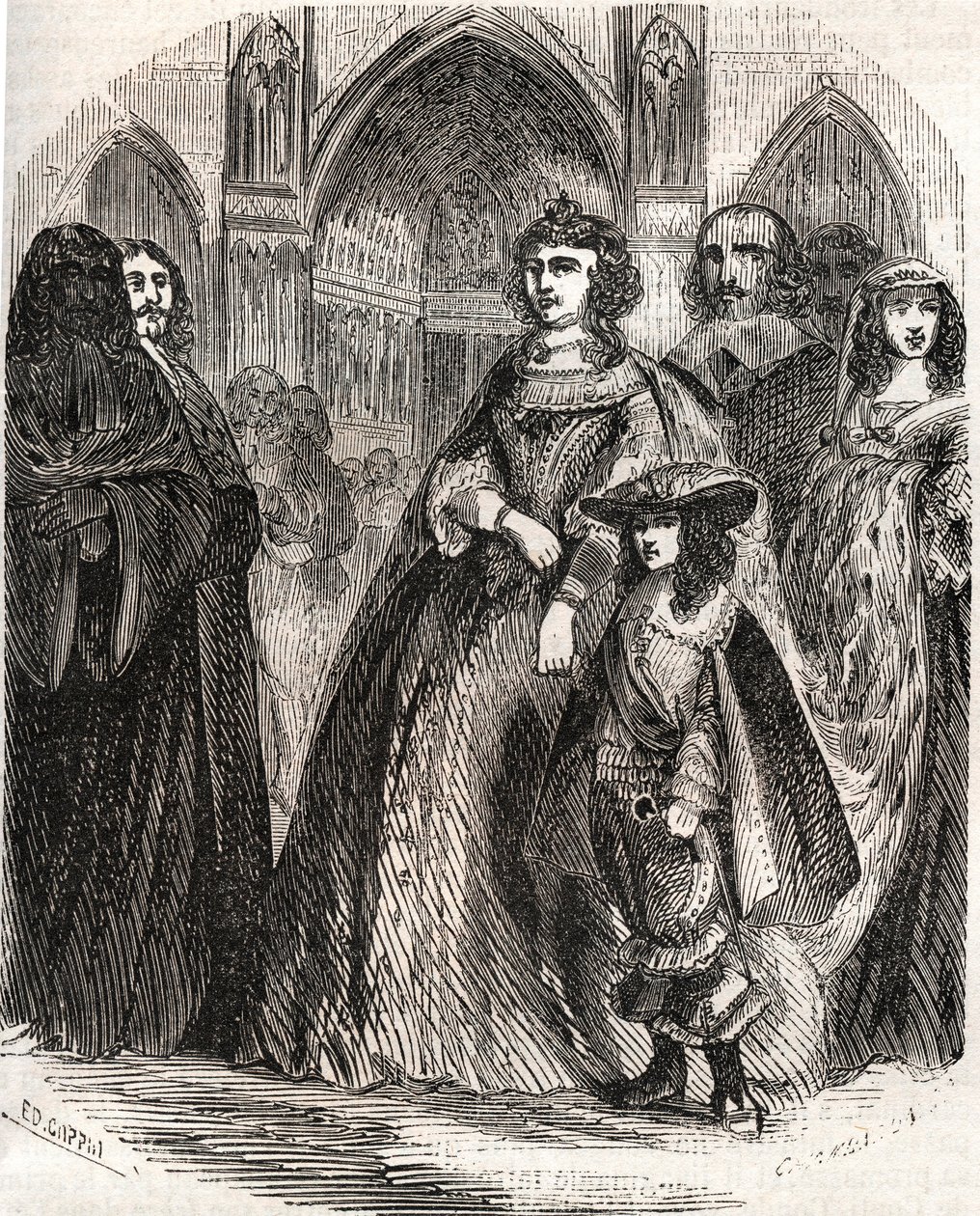 Marie de Medicis (1573-1642), Ranskan kuningatar ja kuningaskunnan valtionhoitaja poikansa Ludvig XIII:n kanssa matkalla Notre-Dame de Parisiin - L.-P.:n "Histoire de France" -kirjassa. Anquetil tekijältä French School