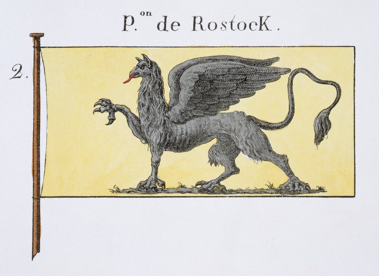 Merilippu, jossa on Rostockin harjaa osoittava Griffin-tunnus, ranskalaisesta lippukirjasta, n. 1819 tekijältä French School