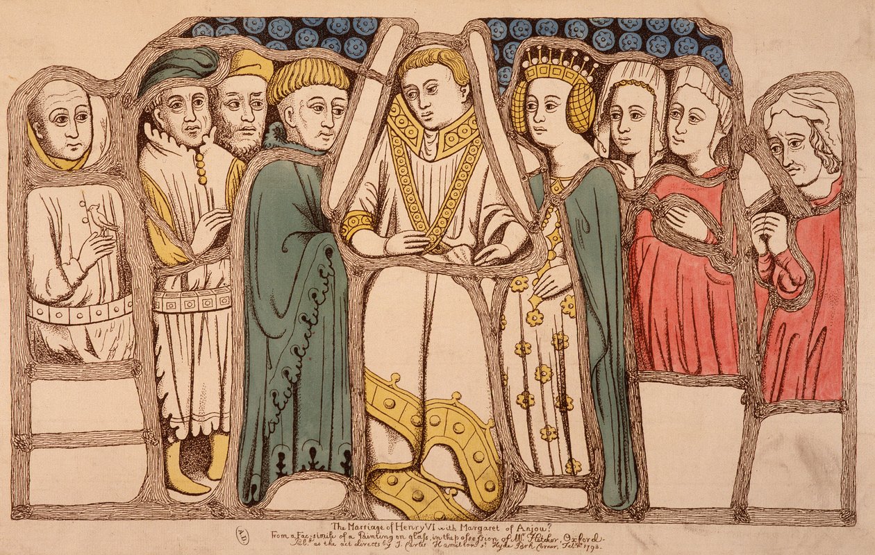 Englannin Henrik VI:n (1421 - 1471) ja Anjoun Margaritan (1429 - 1482) avioliitto vuonna 1445. Kaiverrus vuodelta 1793. Raamattu. Arts Deco Pariisissa. tekijältä French School