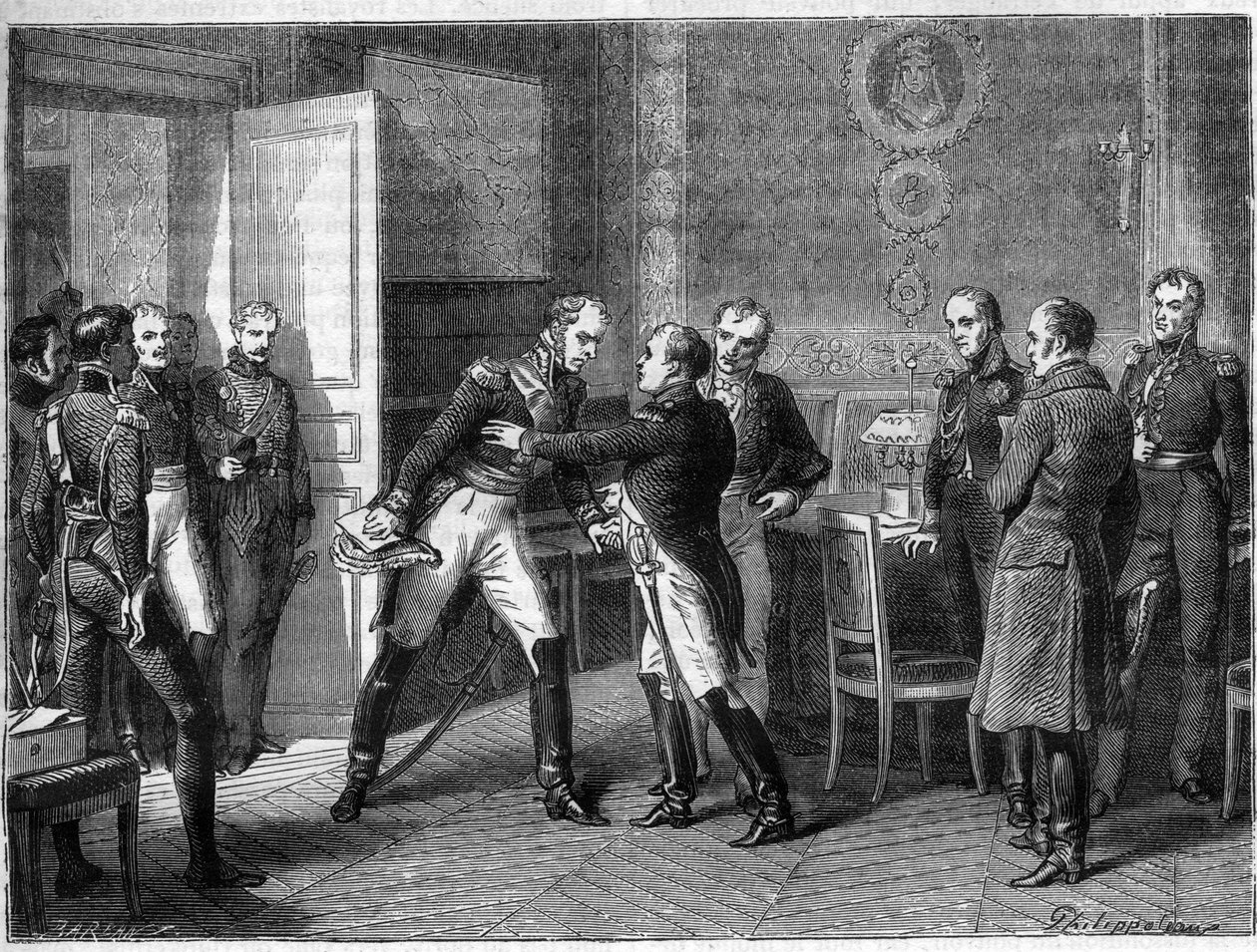 Marsalkka Michel Ney vaihtaa puolta, liittyy joukkoihinsa Napoleonin kanssa 14. maaliskuuta 1815 - Les Hundred Days - Marechal Michel Neyn ja Napoleonin haastattelu Auxerressa vuonna 1815 - Marechal Ney julistamassa olevansa Napoleon I:n puolesta palaa Elb tekijältä French School