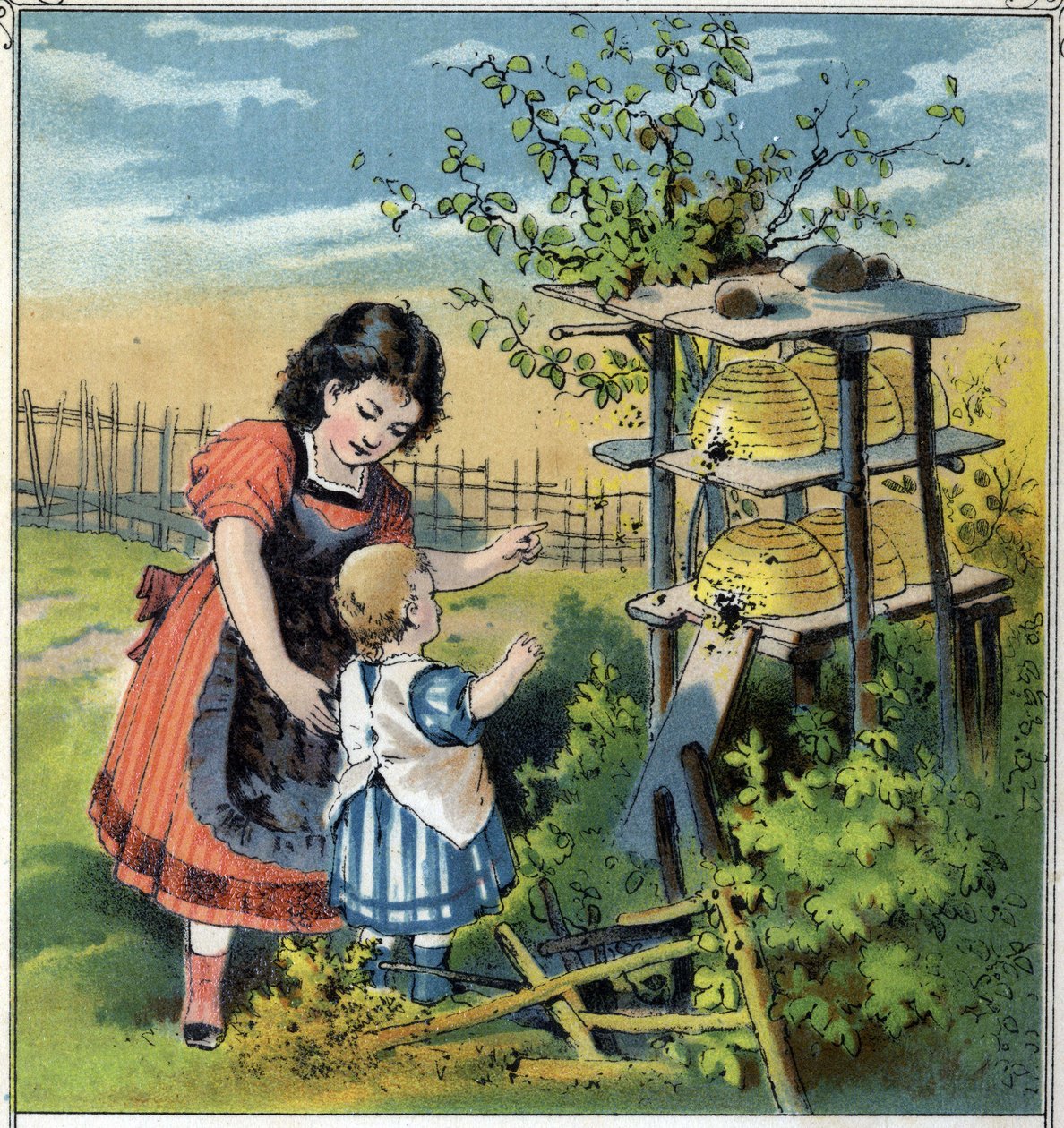 Martha näyttää mehiläisten työtä pesässä pikkusiskolleen. Kromolitografia teoksesta "" Scenes enfantines""" toim. Guerin - Muller noin 1885. tekijältä French School