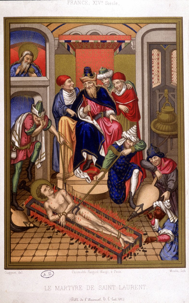 Saint Laurentin marttyyrikuolema (grilli) keskiajan pienoismallin jälkeen, Ranska 1300-luvulla. tekijältä French School