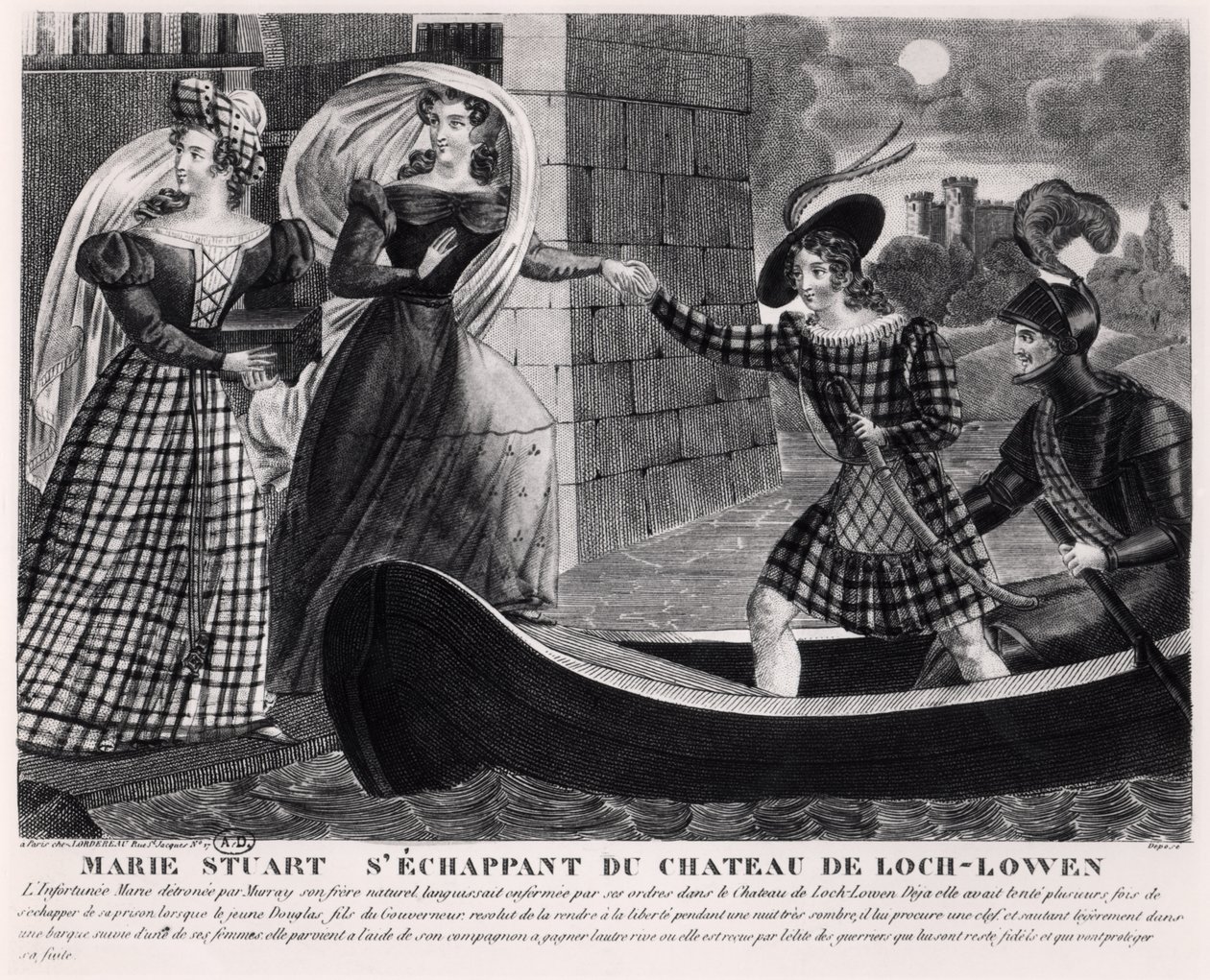 Mary Stuart (1542-87) pakenemassa Loch Levenin linnasta tekijältä French School