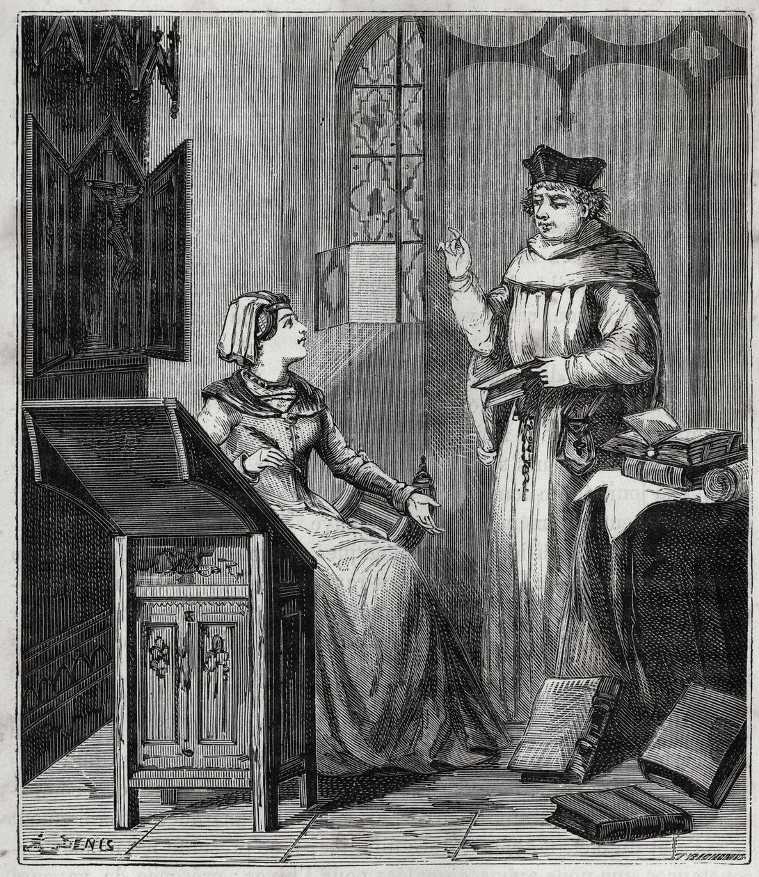 Matthieu Lansbert (Lansberg, Lansbergh, Laensberg tai Laensbergh) (1400-1500-luvulla) et sa veljentytär - Kaiverrus "" Tieteet kaikkien saataville - fysiikka ja kemia", kirjoittaja Alexis Clerc - 1800-luvun loppu - Yksityinen kokoelma tekijältä French School