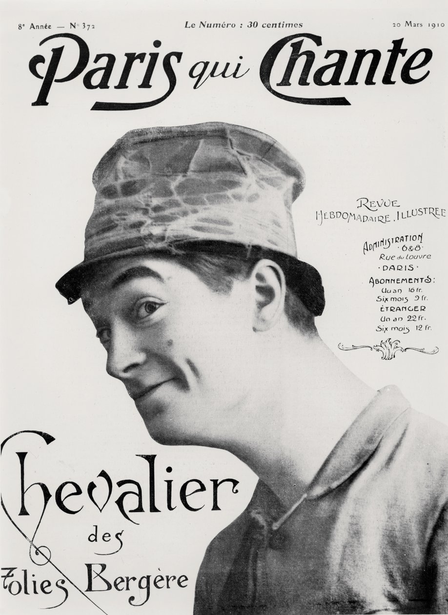 Maurice Chevalier, elokuvasta "Paris qui Chante", 30. maaliskuuta 1910 (litografia). tekijältä French School