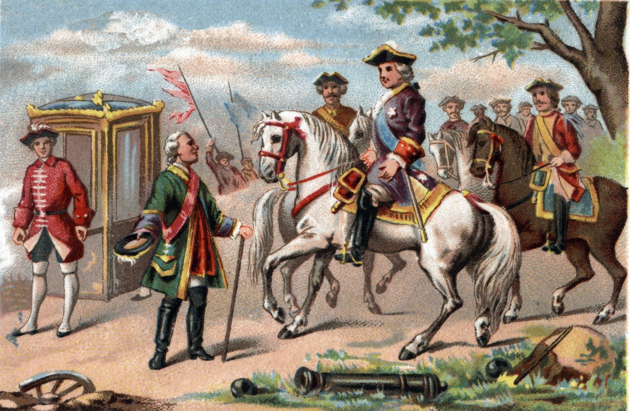 Maurice Saksi, Saksin marekhal (1696-1750), voitti Fontenoyn taistelun, tapasi Ranskan Ludvig XV:n (1710-1774). Kromolitografia noin 1890. tekijältä French School