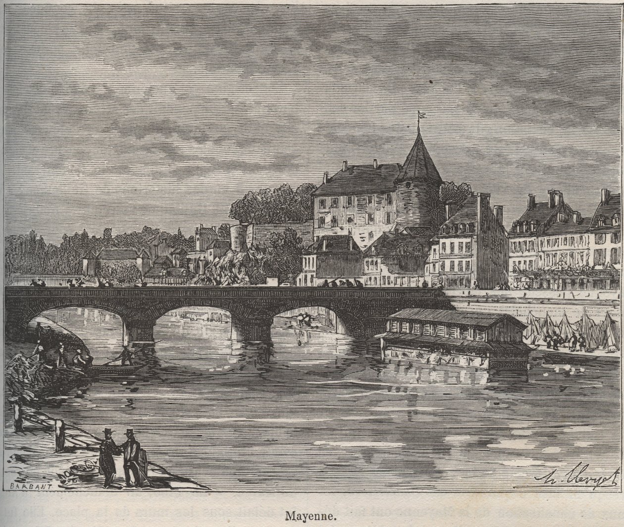 Mayenne on kunta Länsi-Ranskassa Pays de la Loiren alueella. Kaiverrus V.-A. on "La France illustree: maantiede, historia, hallintotilastot". Maltaanruskea. 1884 tekijältä French School