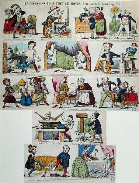 "Lääketiede kaikille tai hygieeniset neuvot", satiirinen lääketieteellinen sarjakuva, 1800-luvun puoliväli (värikaiverrus) tekijältä French School