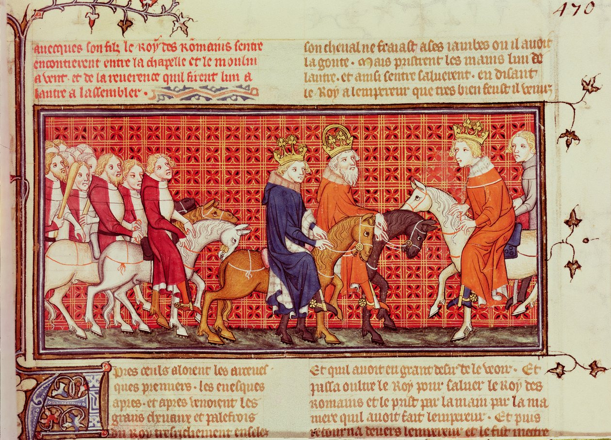 Ranskalaisen Kaarle V:n (1338-80) ja Pyhän Rooman keisarin Kaarle IV:n (1316-78) tapaaminen Rooman kuninkaan saattajana Grandes Chroniques de Francesta tekijältä French School