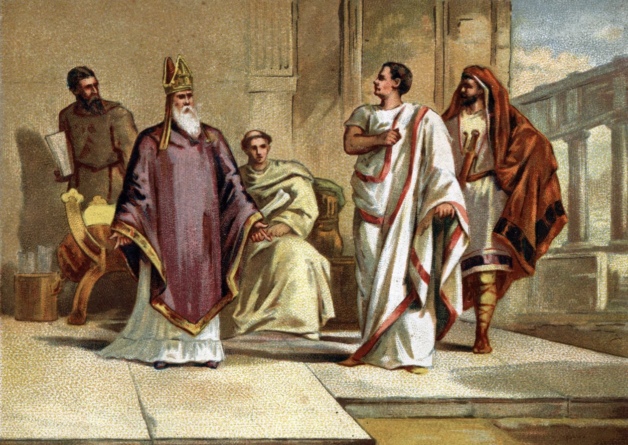 Tapaaminen keisari Flavius Julius Valensin (328-378), Rooman keisarin ja Pyhän Vasilin Cesarelaisen tai Basil Suuren (330-379), evequen ja kirkon isän välillä. 1800-luvun lopun kromolitografia tekijältä French School