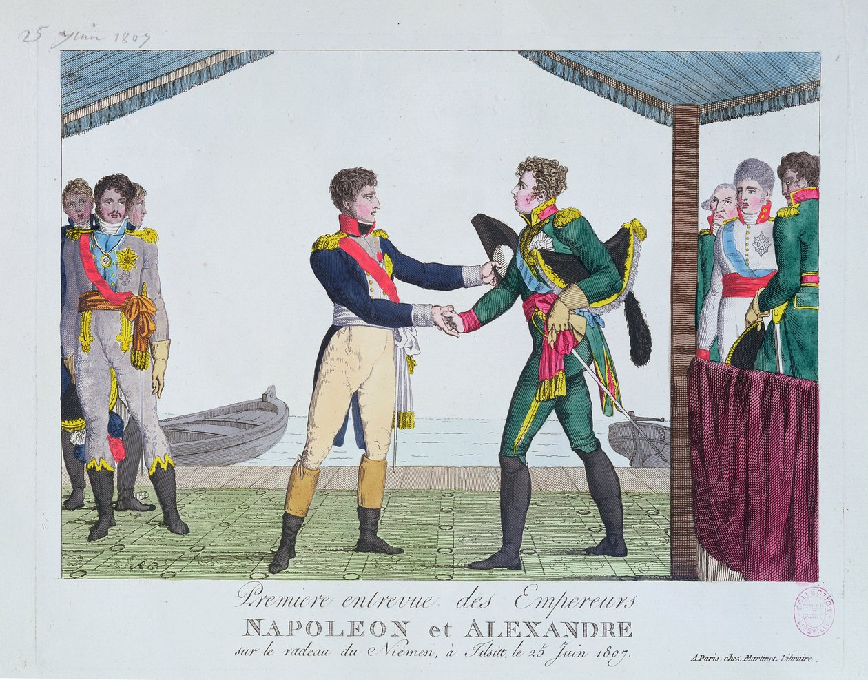 Napoleon I:n ja Aleksanteri I:n tapaaminen Tilsitissä 25.6.1807 tekijältä French School