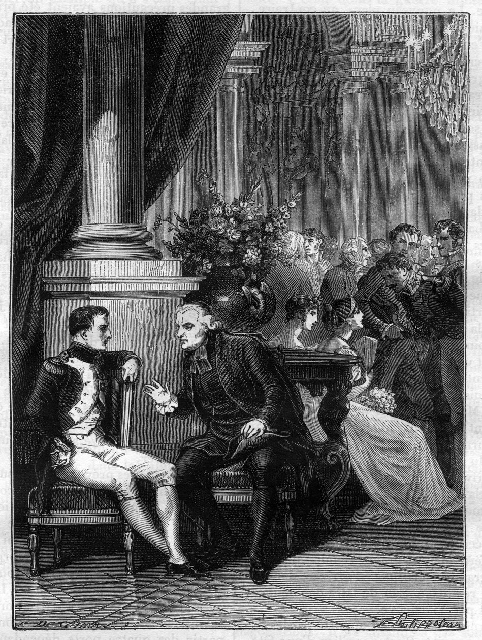 Napoleon I:n tapaaminen Genesissä (Genova) Italiassa kardinaali Jean Siffrein Mauryn (1746-1817) kanssa 1805 - Adolphe Thiersin teoksessa "Imperiumin historia konsulaatin historiaa seuranneessa" - 1879 - yksityinen kokoelma tekijältä French School