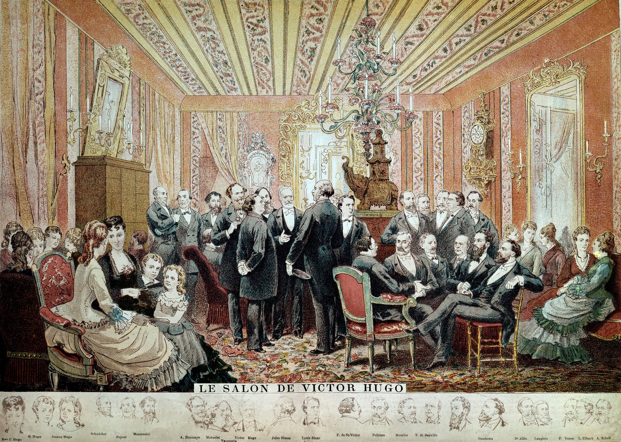 Kokous Maison Hugon kirjallisessa salongissa, Pariisissa, n. 1875 (kaiverrus) tekijältä French School