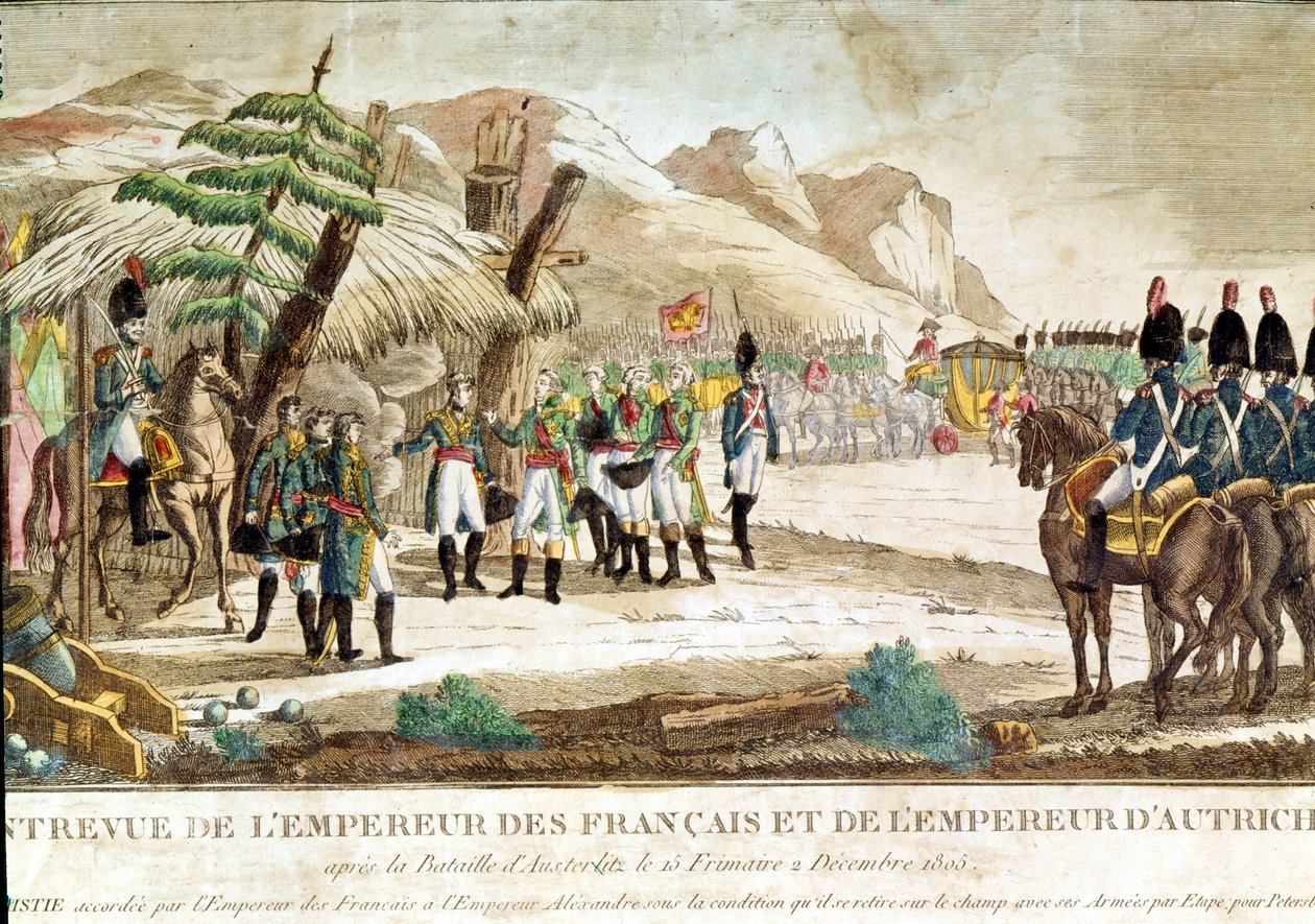 Keisari Napoleon I:n ja Itävallan keisarin Francois II:n (1768 - 1835) tapaaminen Austerlitzin taistelun jälkeen 12.2.1805. tekijältä French School