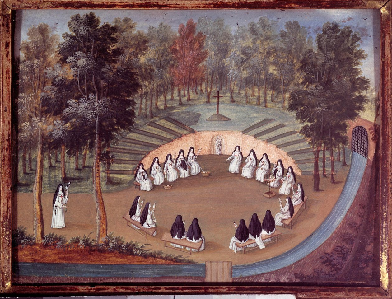 Nunnien tapaaminen Port Royal des Champsissa (Port Royal des Champs) konferenssissa yksinäisyydessä. Anonyymi maalaus 1700-luvulta. Port Royal, musee des Granges - uskonnollisten sisarten kokous "Port Royal des Champsissa". Nonsin luostarikokous P tekijältä French School