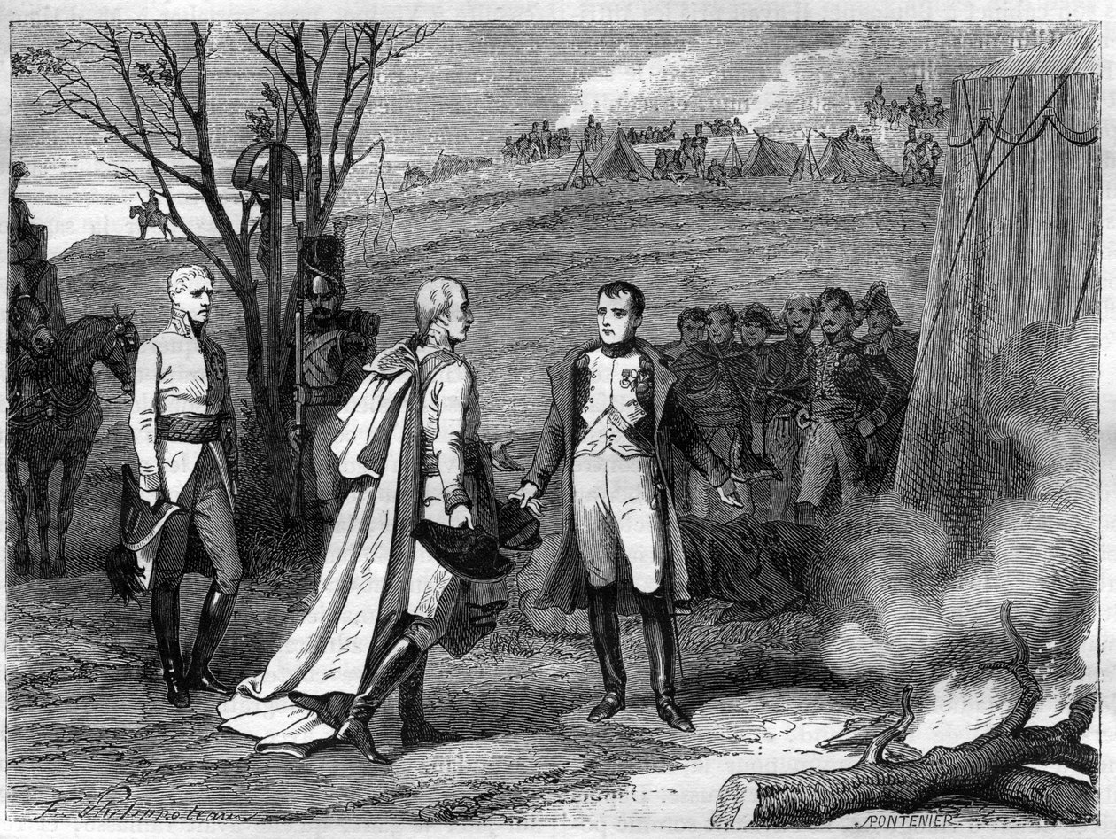 Kahden keisarin tapaaminen Austerlitzin taistelun jälkeen, 4. joulukuuta 1805 (Napoleon Bonaparte tekijältä French School