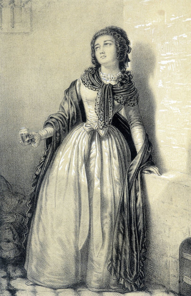 Melle (Mademoiselle) de Sombreuil vangittuna Saint Germainin luostarissa joi lasin verta pelastaakseen isänsä vallankumouksellisten käsistä - Albert Maurinin teoksessa "Galerie historique de la Revolution Française", toim. Pariisi 1843 tekijältä French School