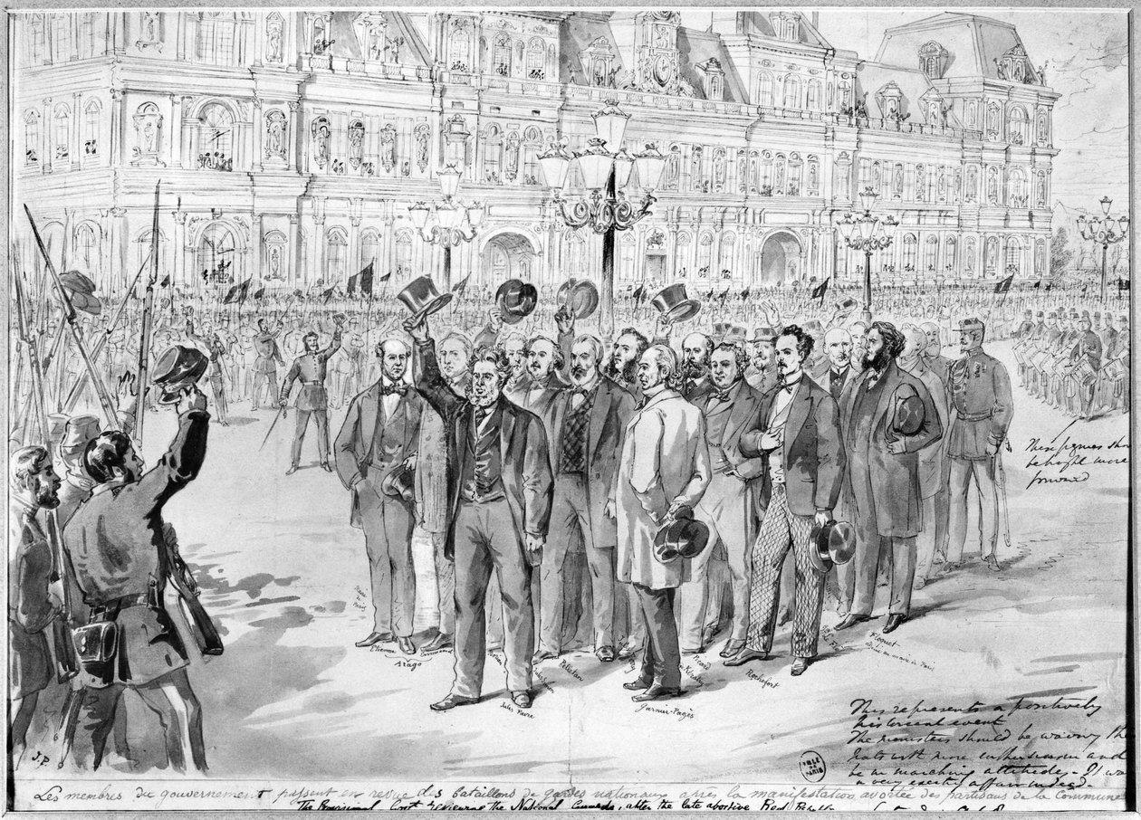 Väliaikaisen hallituksen jäsenet arvioivat kansalliskaartin toimintaa Hotel de Villen ulkopuolella Pariisissa 31. lokakuuta 1870, noin 1870 tekijältä French School