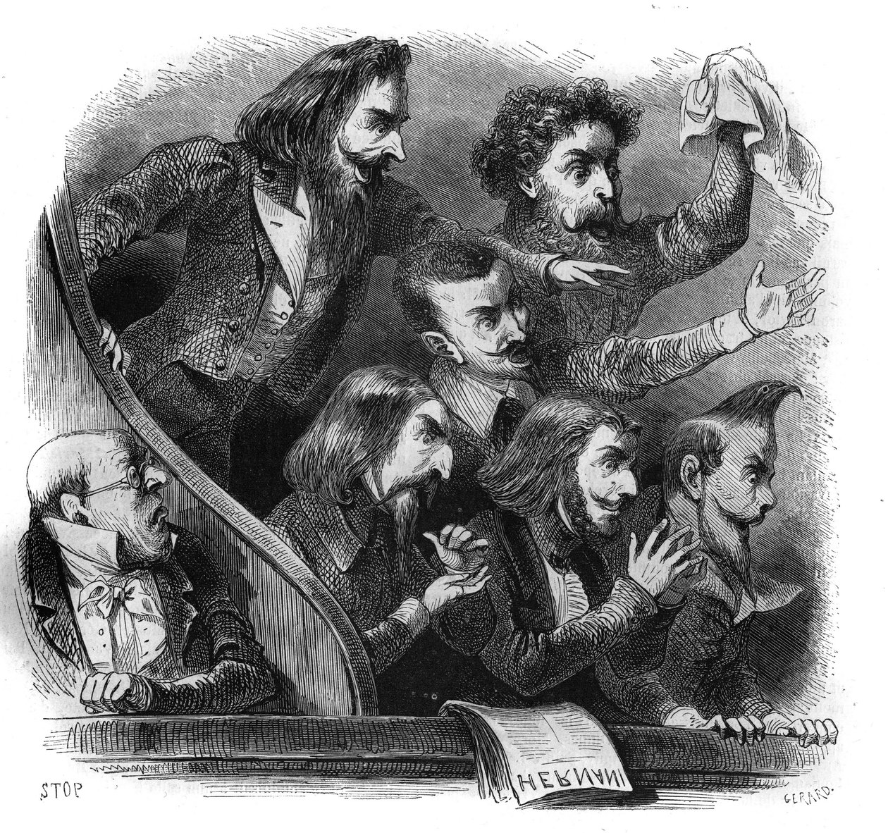 Romanttisen kirjallisuuden liikkeen jäseniä osallistumassa Victor Hugon teoksen "Hernani" (1802-1885) ensimmäiseen esitykseen Comedie Francaisessa Pariisissa 25. helmikuuta tekijältä French School