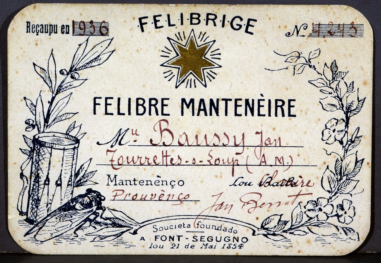 Jan Baussyn jäsenkortti Felibrige, Felibre Associationissa tekijältä French School