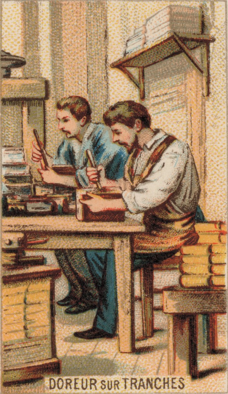 Miehet kullattavat kirjoja kullalla (chromolitho) tekijältä French School
