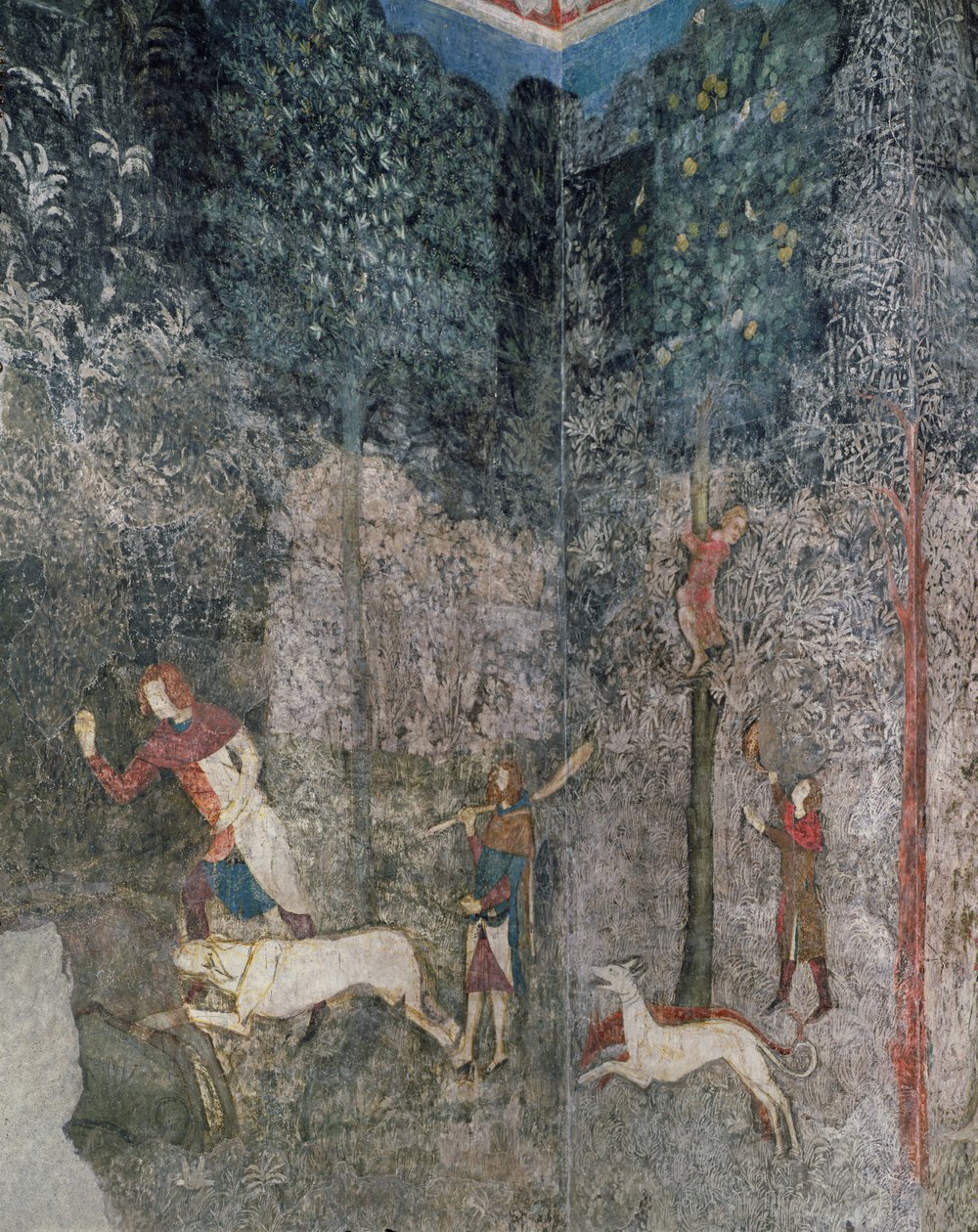 Miehet metsästämässä koirien kanssa, yksityiskohta La Chambre du Cerfistä (Stag Room) 1343 tekijältä French School
