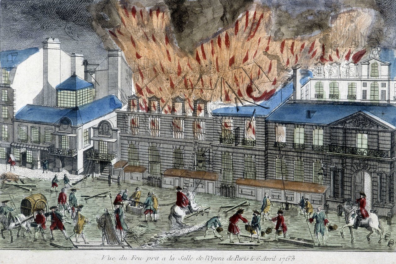 Miehet yrittävät sammuttaa Pariisin oopperan tulta vuonna 1763. tekijältä French School