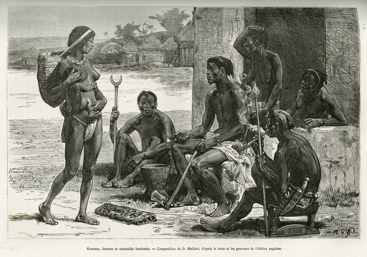 Miehet, naiset ja astiat (Bihe, Ruanda). D.Maillartin kaiverrus, joka kuvittaa majuri Serpa Pinton vuosina 1877-1878 kirjoittamaa kertomusta siitä, miten ylitin Afrikan Atlantin valtamereltä Intian valtamerelle, joka julkaistiin Tour du monde -lehdessä Ed. tekijältä French School