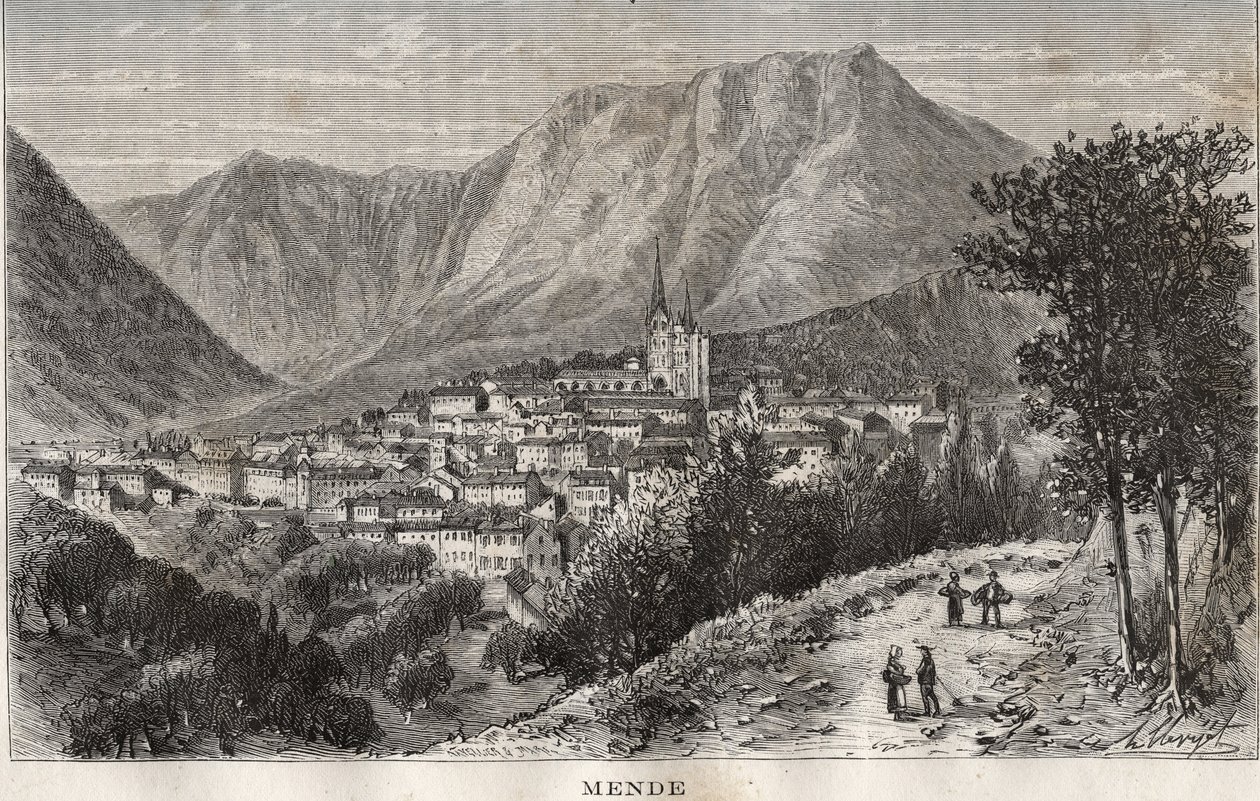 Mende - Lozere Languedoc-Roussillonin alueella - kaiverrus "La France illustrée: maantiede, historia, tilastohallinto" V.-A. Maltaanruskea. 1884 tekijältä French School